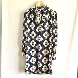 Diane Von Furstenberg Blue Pink Silk Dress Size S-Ruffled Mandarin Collar